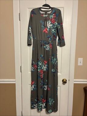 Olive Floral Maxi Dress with Blue & Pink Blooms